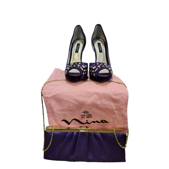 Nina Purple Embellished Nabal Open-Toe Platform Pump with matching Clutch Purse